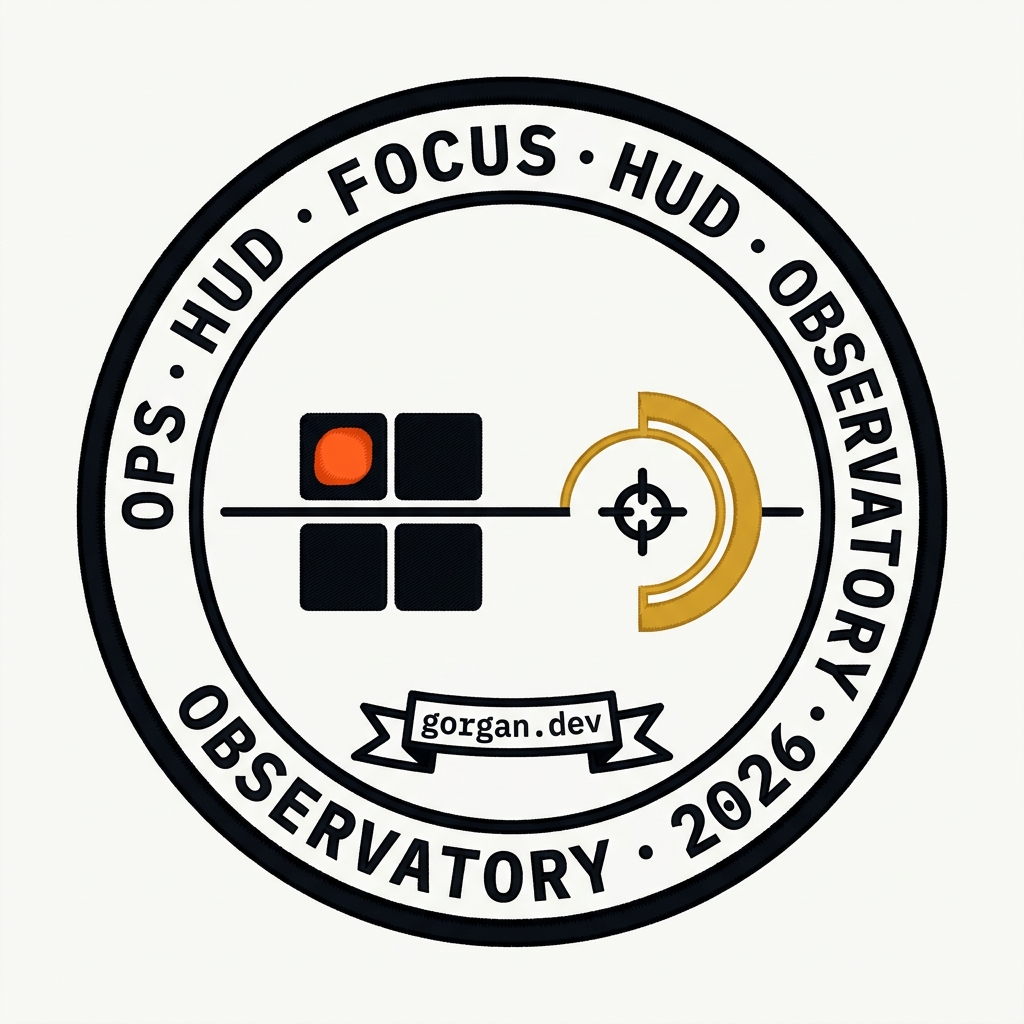 Mission patch reading 'Ops HUD · Focus HUD · Observatory · 2026', with the Ops grid mark and Focus reticle paired across a horizon line